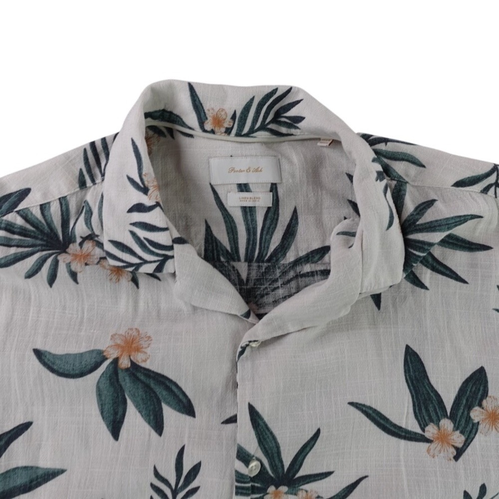 Porter & Ash Button Front Shirt Mens M White Linen Blend Tropical Floral Leaf